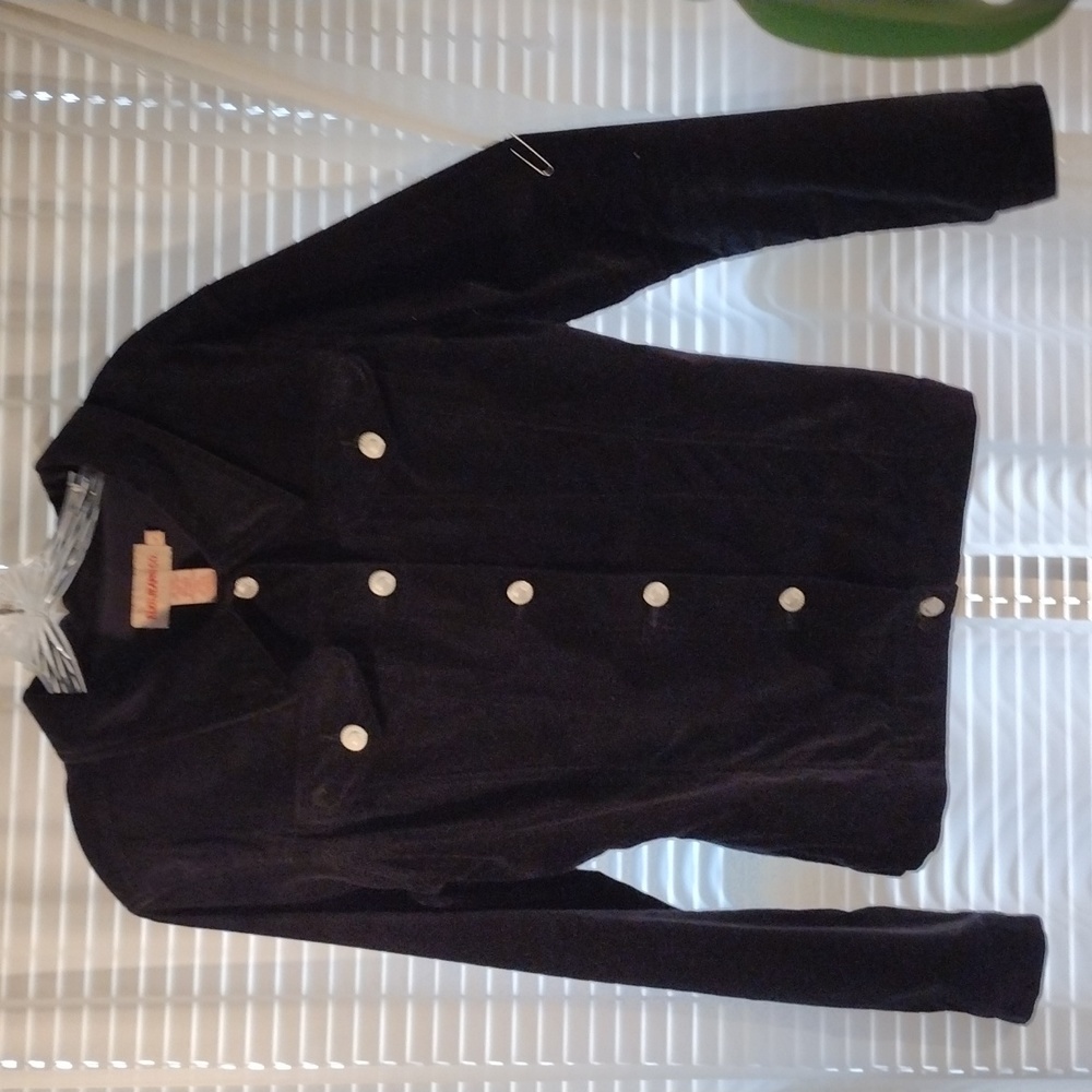 Black velvet jacket with silver buttons. Size L.